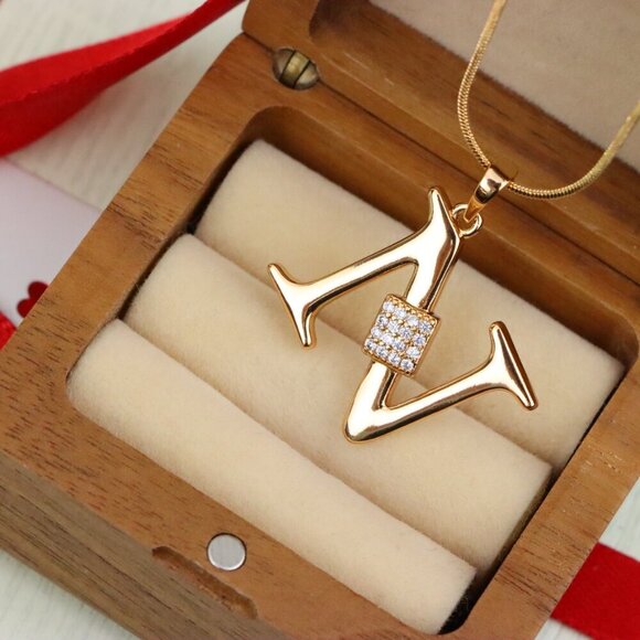 "Rose Gold N Initial Pendant with Dazzling CZ Crystals, XPPT1425 - Picture 8 of 12